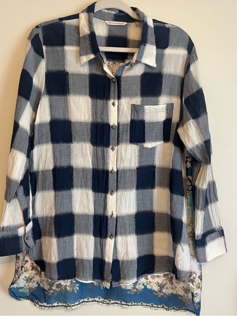 Soft Surroundings Navy and White Plaid Gauze Shirt